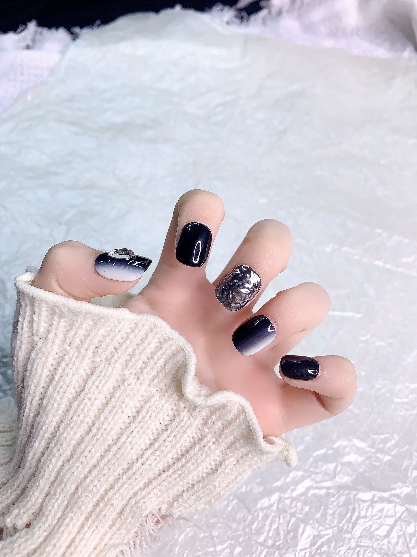 Rebel | Sleek Black and Silver Marble Press-On Nails