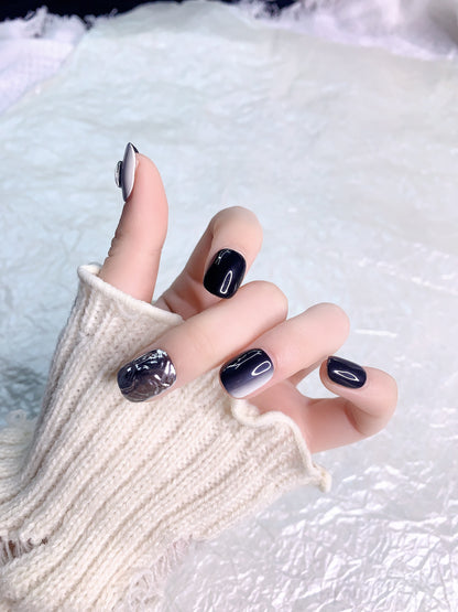 Rebel | Sleek Black and Silver Marble Press-On Nails