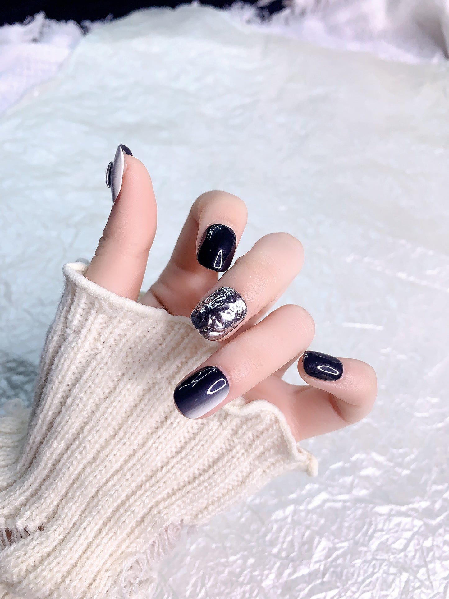 Rebel | Sleek Black and Silver Marble Press-On Nails