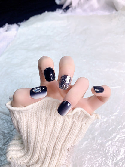 Rebel | Sleek Black and Silver Marble Press-On Nails