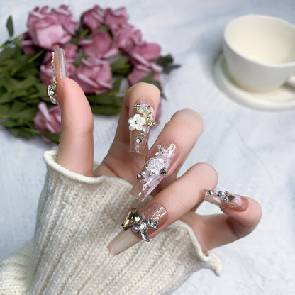 Lover | Floral Elegance Clear Press-On Nails with 3D Embellishments