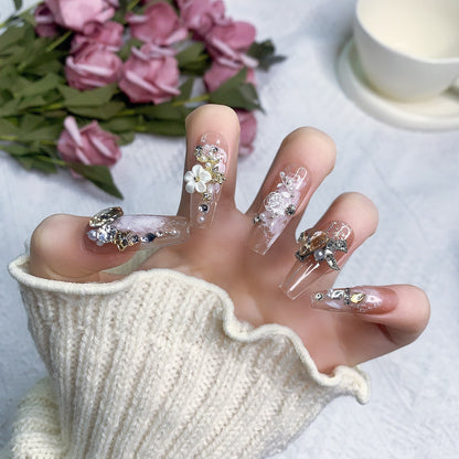 Lover | Floral Elegance Clear Press-On Nails with 3D Embellishments