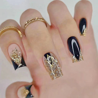 Rebel | Black-Golden Sparkle Luxury Press-On Nails