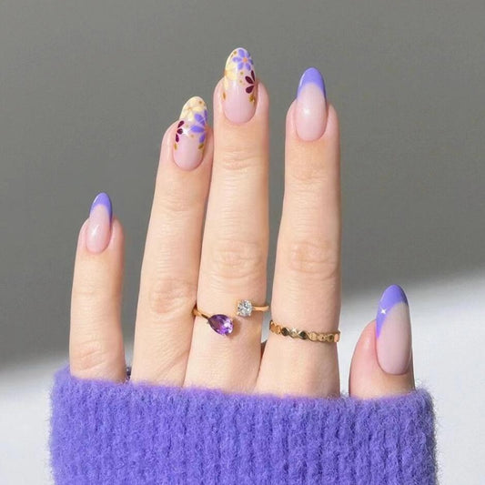 Lover | Purple Flower French Style Almond Press-On Nails